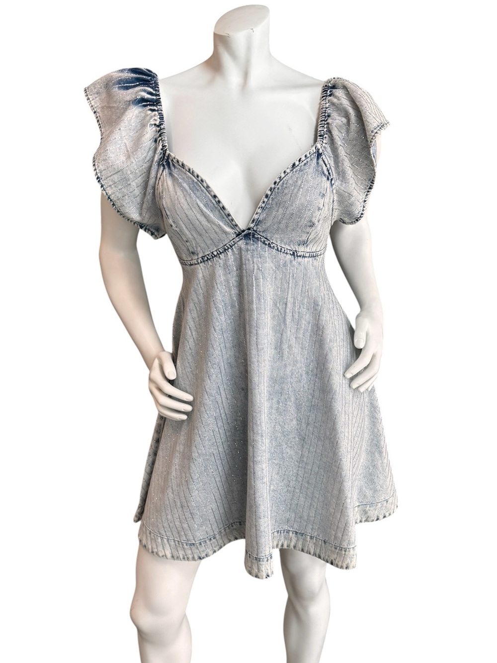 Blue B Collection - Light Wash Puff Sleeve Denim Dress With Silver Pinstripes
